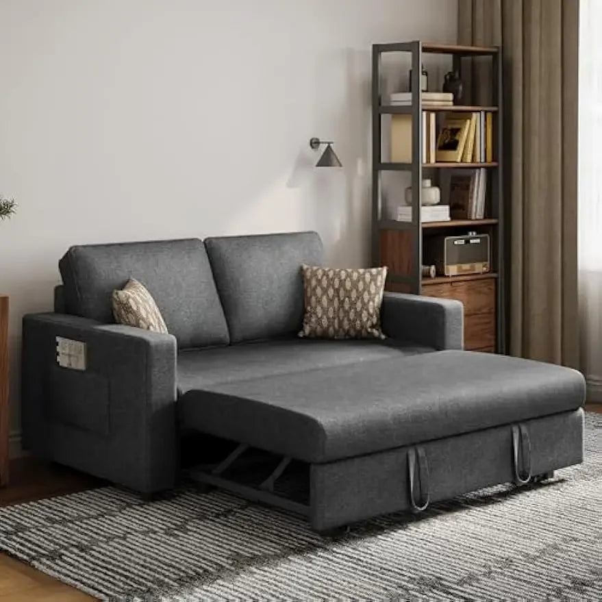 Pull-Out Trundle Bed Sleeper Sofa Convertible Couch for LimitedLiving Room Bedroom Guest Room Dark Gray 55.5 in