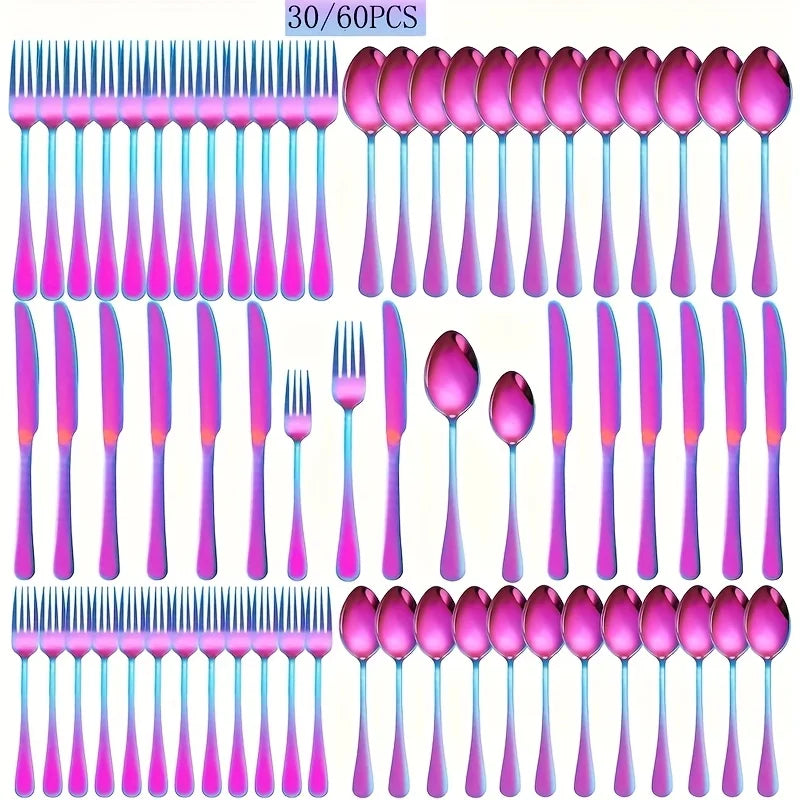 30/60pcsStainless Steel High-end Tableware Set Mirror Polished Flat Tableware Set Dishwasher Safe, Including Dinner Knife, Spoon
