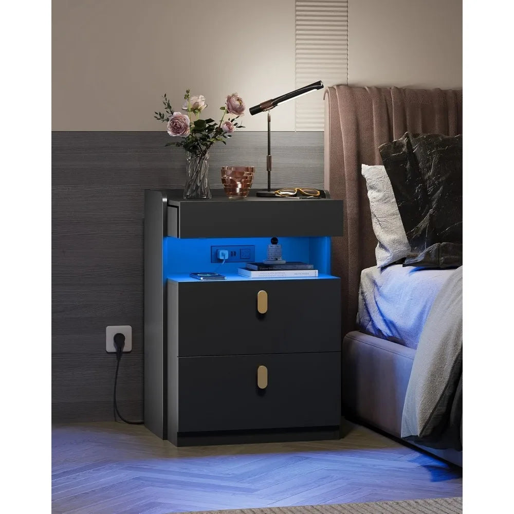 Nighstand with Charging Station, Night Stand with Sliding Top and Drawers, Modern Bedside Table End Tables with Hidden Space