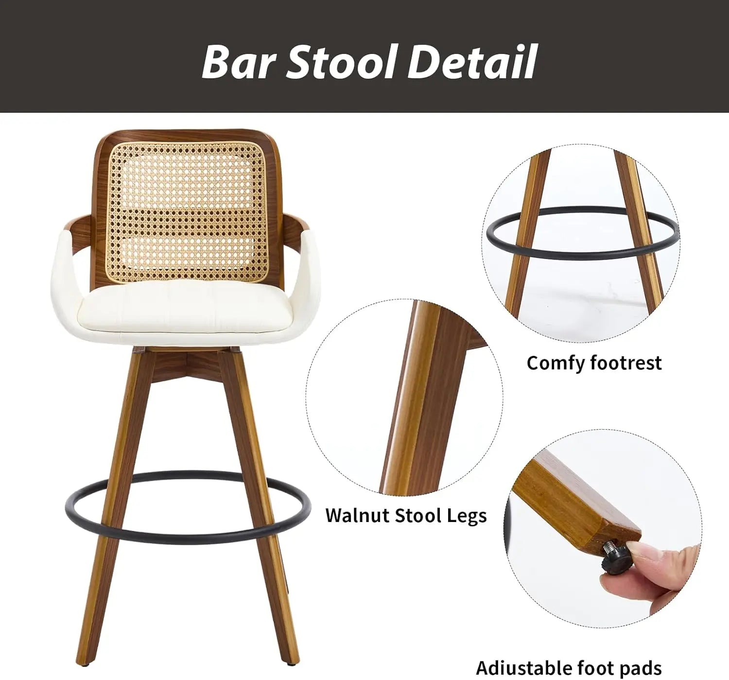 Swivel Counter-Height Bar Stools with Arms – Faux Leather & Rattan Back (Beige)