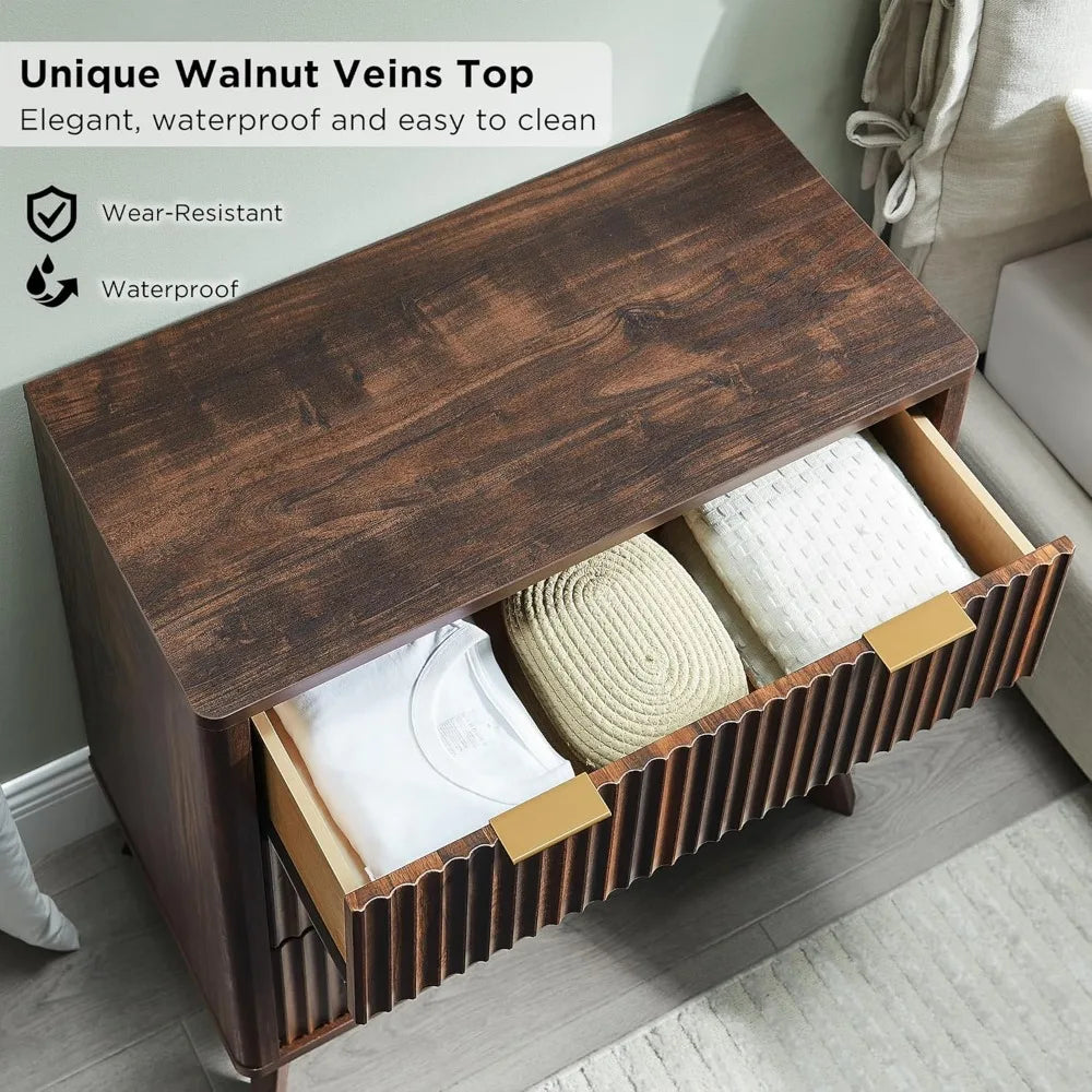 32" tall fluted nightstand, modern side table, 3 drawers end table w/storage, bedside table for bedroom, living room, curved pr