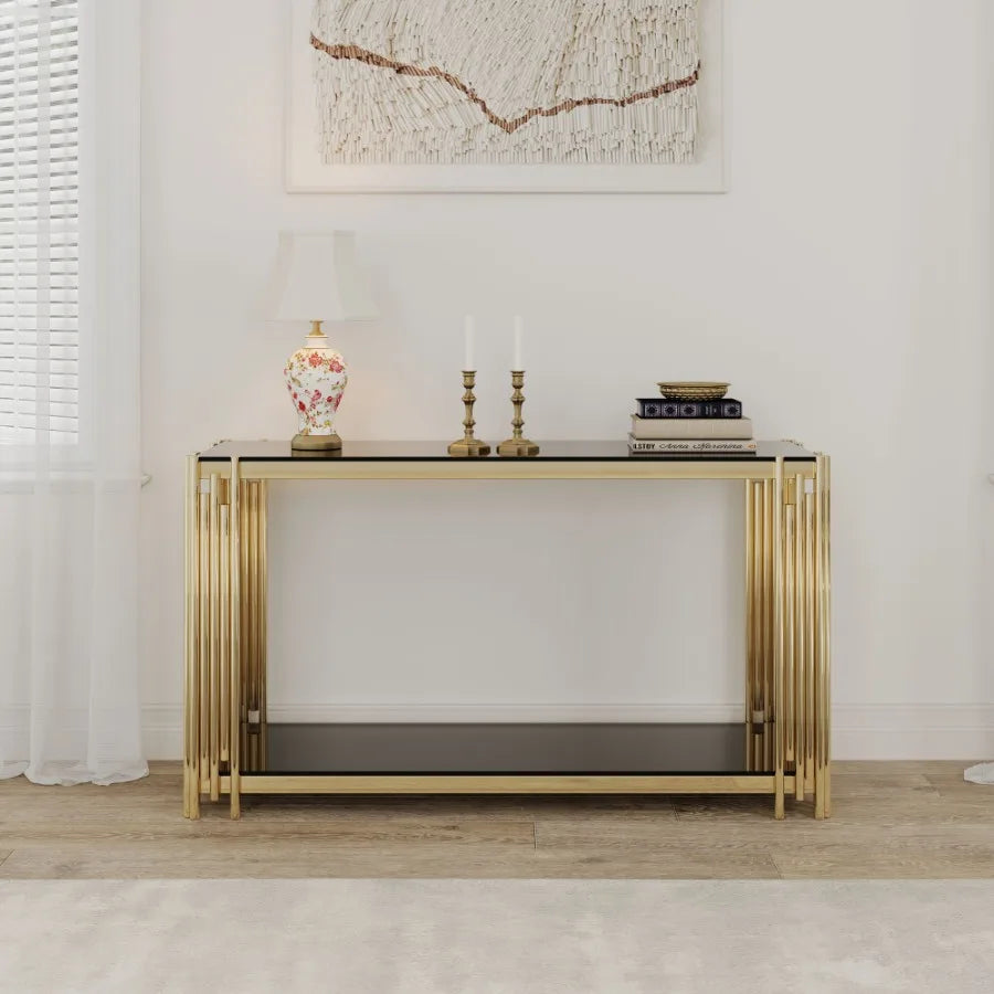 Modern Glass Console Table 55 Gold Sofa Table with Sturdy Metal Frame and Black Tempered Glass Top for Living Room Entryway Bed