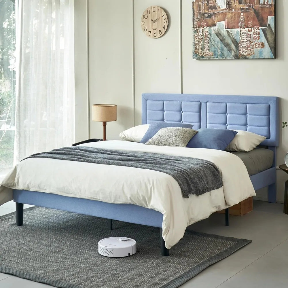 Queen Size Upholstered Platform Bed Frame with Adjustable Headboard (Light Blue)