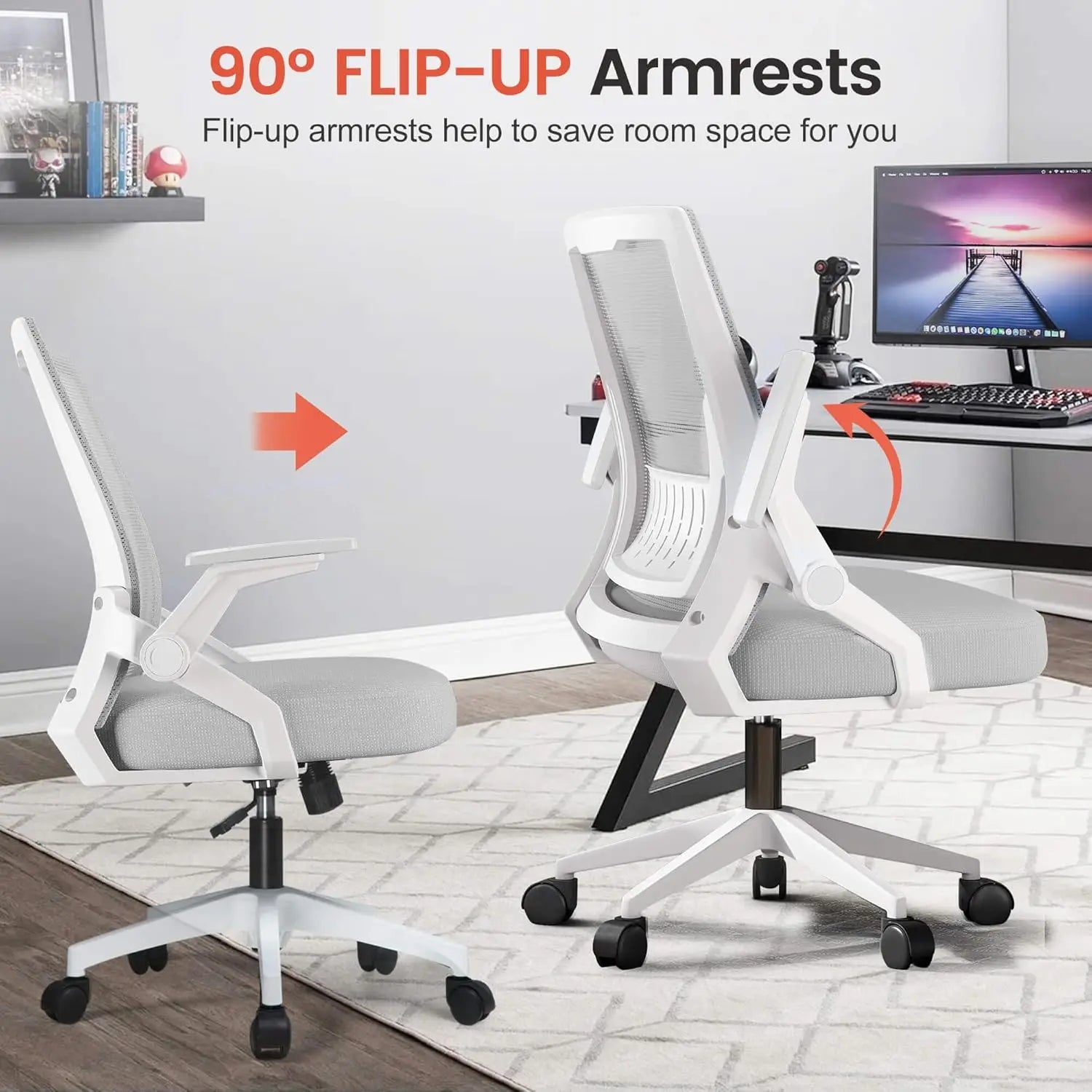 Ergonomic Office Chair with Flip-up Armrests, Breathable Mesh Back, Lumbar Support, Wide Gray Seat for Home and Gaming