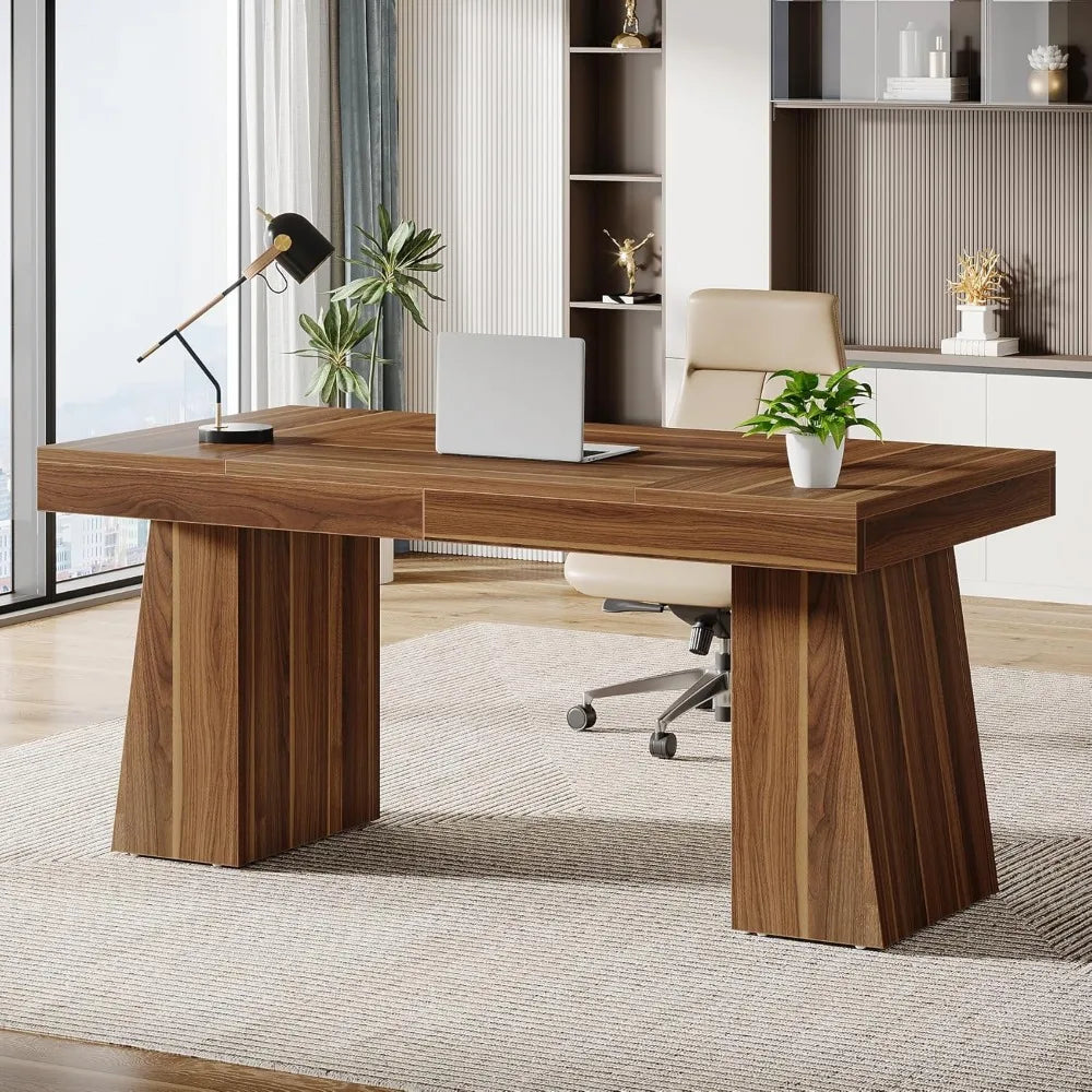 55 Mid-Century Modern Executive Office Desk with Double Trapezoid Base and Wood Construction
