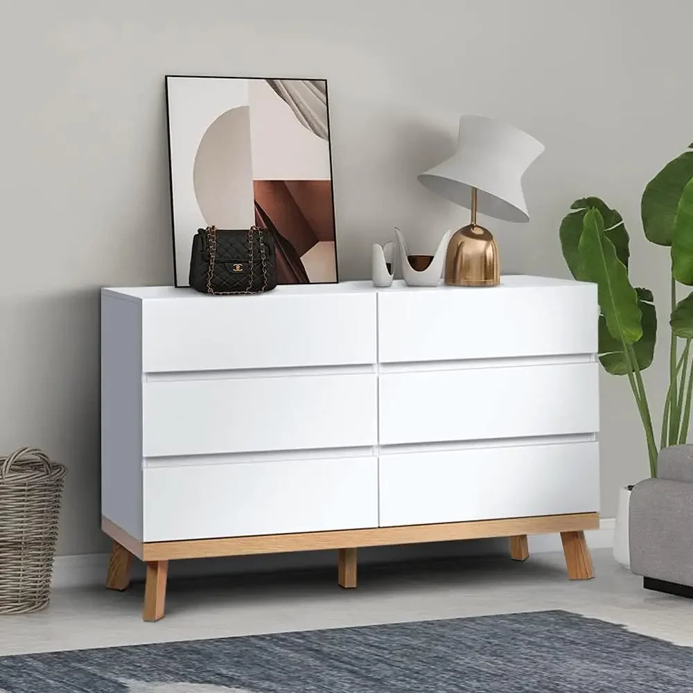 White Dresser for Bedroom 6 Drawer Double Dresser Chest of Drawers Large Storage Cabinet Wooden Dresser for Bedroom (White)