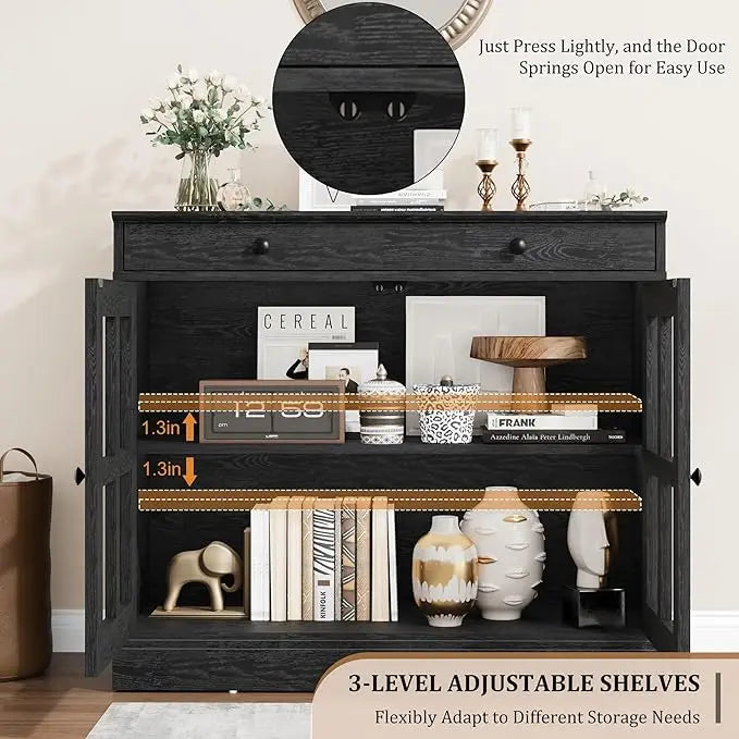 35.4" Oak Sideboard Buffet Cabinet with Glass Door & Drawer & Adjustable Shelf,Modern Storage Buffets & Sideboards for Kitchen