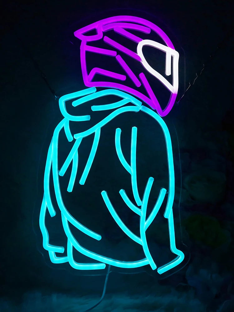 Motorcyclist Neon Sign with Dimmable Motorcycle Helmet LED Light Up for Wall Garage Man Cave Game Room Motorcycle Fan Gift