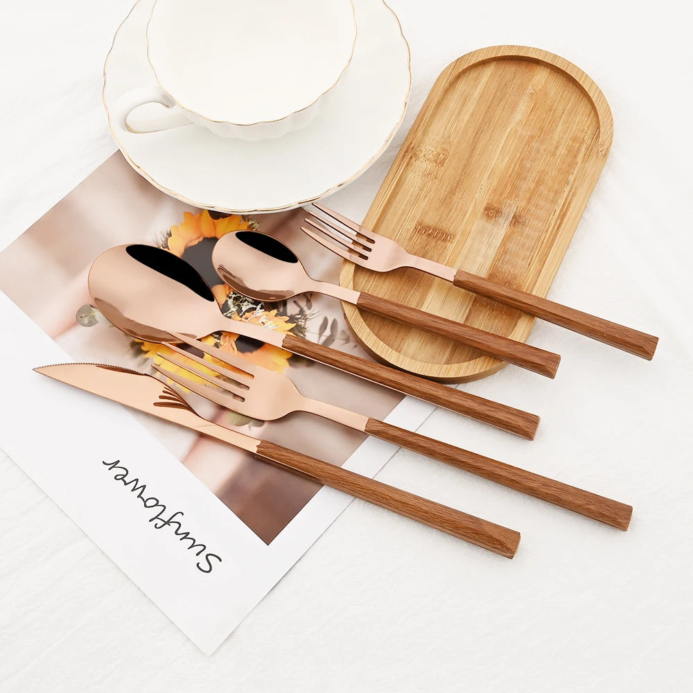 20Pcs Creative Rose Tableware Imitation Wood Handle Cutlery Set Knife Dessert Fork Spoon Dinnerware Set Stainless Steel Flatware
