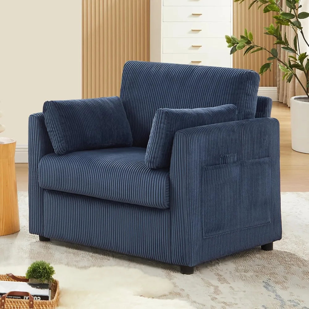 Modern Corduroy Accent Chair – 38″ Comfy Armchair with Pillows & Side Pockets