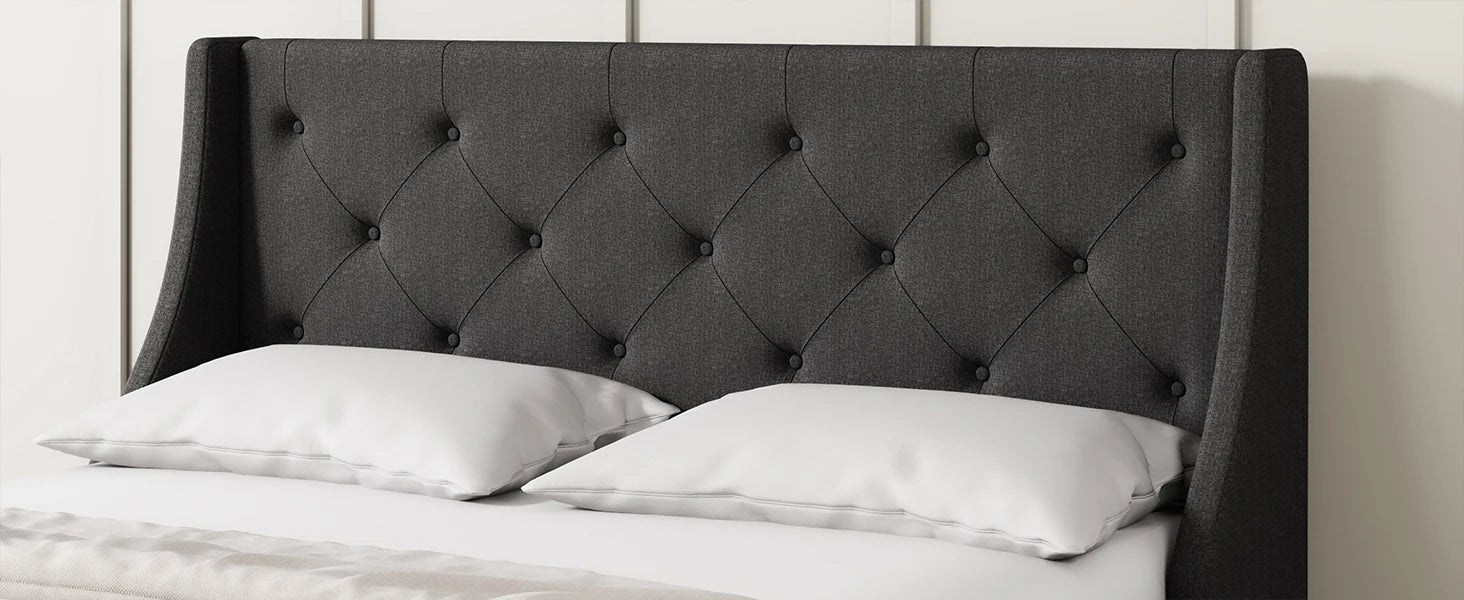 Upholstered Platform Bed Frame with 4 Storage Drawers – Wingback Button-Tufted Headboard