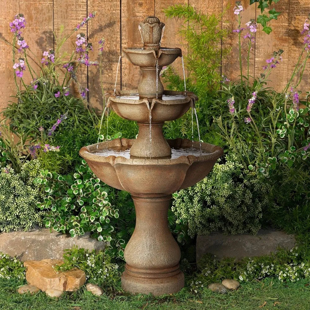 Arosco Modern Rustic Outdoor Floor Water Fountain with Light LED 43" High 3-Tiered Resin for Garden Patio Yard Deck Home Lawn Po
