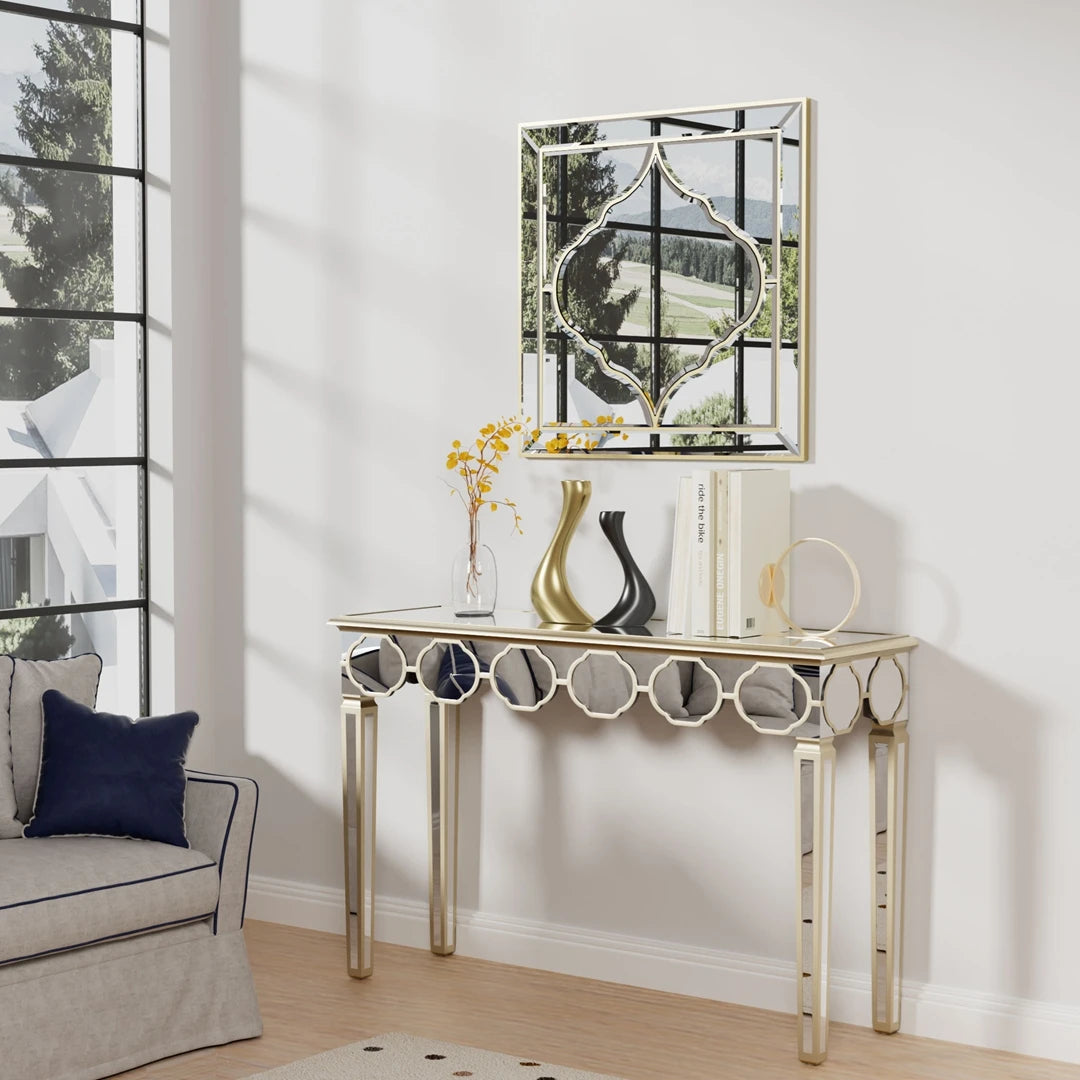 Modern Rectangular Mirrored Console Table Gold Rim Decorative Sofa Entryway Table 4-Leg Living Room Hallway Accent Furniture