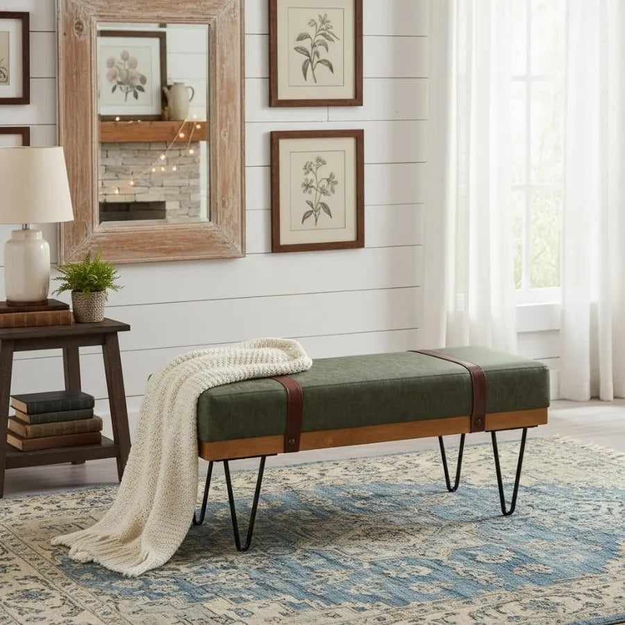 Green PU Leather Storage Ottoman Bench – 44″ with Industrial Hairpin Legs