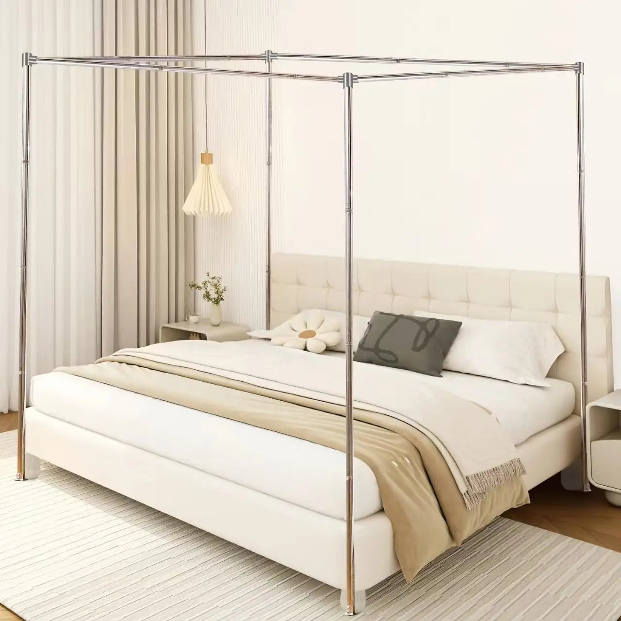 Queen Size Stainless Steel Canopy Bed Frame with Thick Brackets & Mosquito Curtains