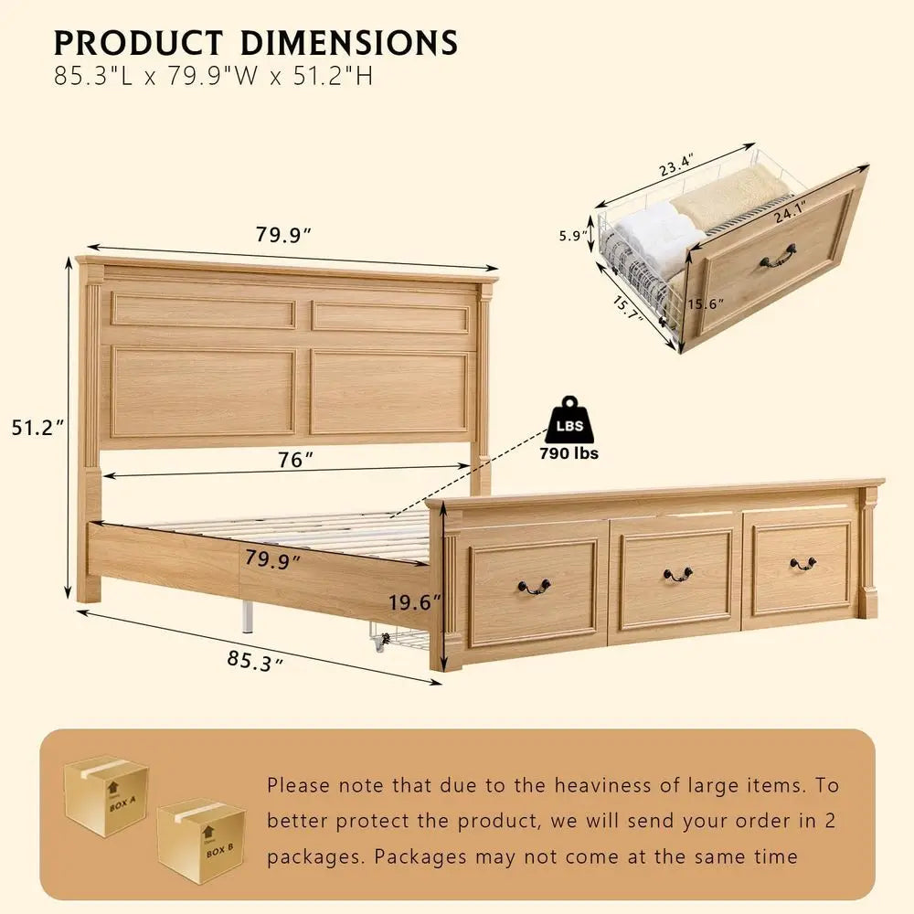 Natural King Size Wood Platform Bed Frame – 51″ High Headboard with Roman Column Footboard & 3 Storage Drawers