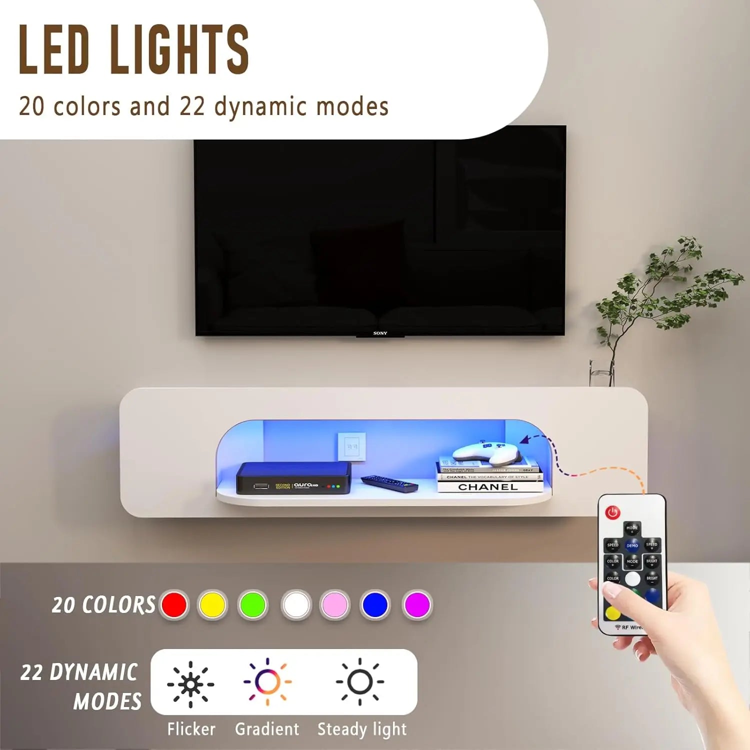 Floating Tv Stand With Led Lights, 58'' Wall Mounted Tv Shelves With 1 Open Shelf, Modern Entertainment Media Console Center