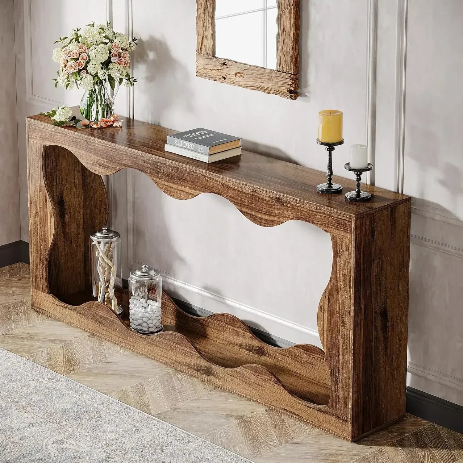 63-Inch Farmhouse Console Table with Storage, Couch Table Behind Sofa, Long Entryway Table, Hallway Table for Living Room