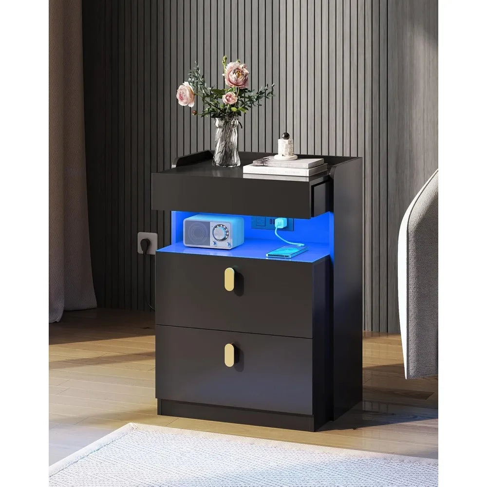 Nighstand with Charging Station, Night Stand with Sliding Top and Drawers, Modern Bedside Table End Tables with Hidden Space