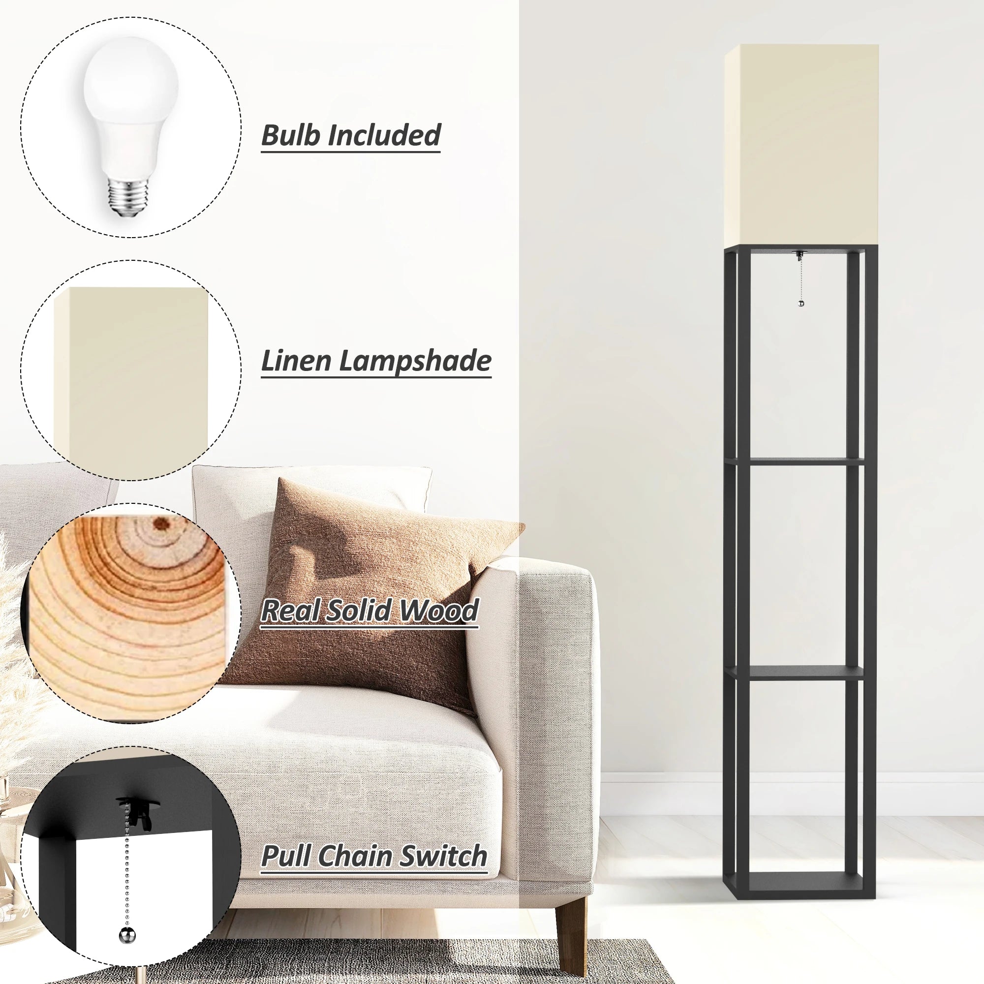 Column Floor Lamp with Shelves, Real Solid Wood and Bulb Included