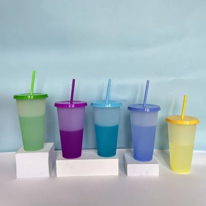 New 24oz 10Pcs Color Changing Cups with Lids and Straws 710ml Plastic Tumblers Cute Iced Coffee Cup Reusable Cups Bulk