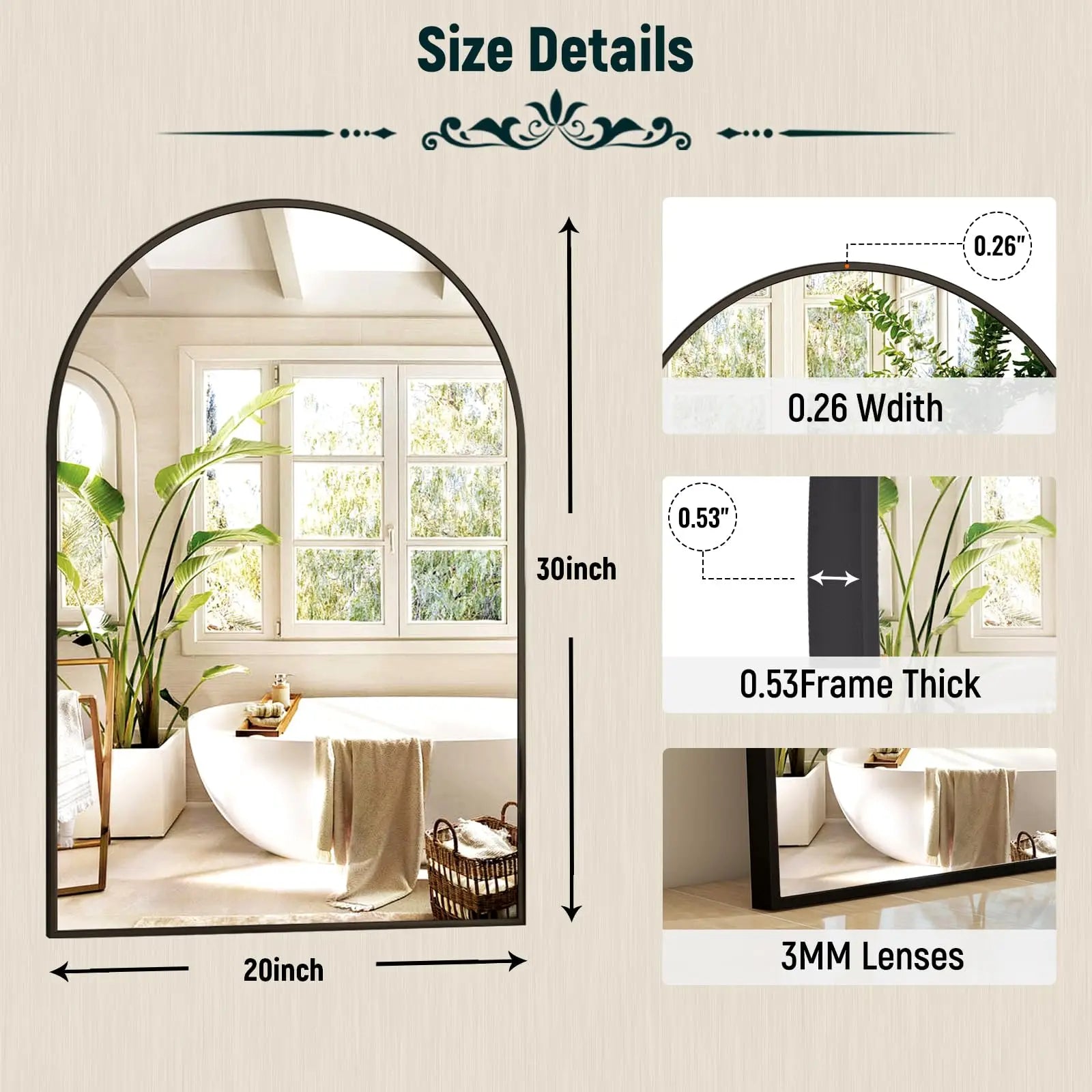 20x30 inch Arch Bathroom Mirror - Arched Bathroom Mirror/Wall Mounted Vanity Mirror - Arch Metal Frame Wall Mirror