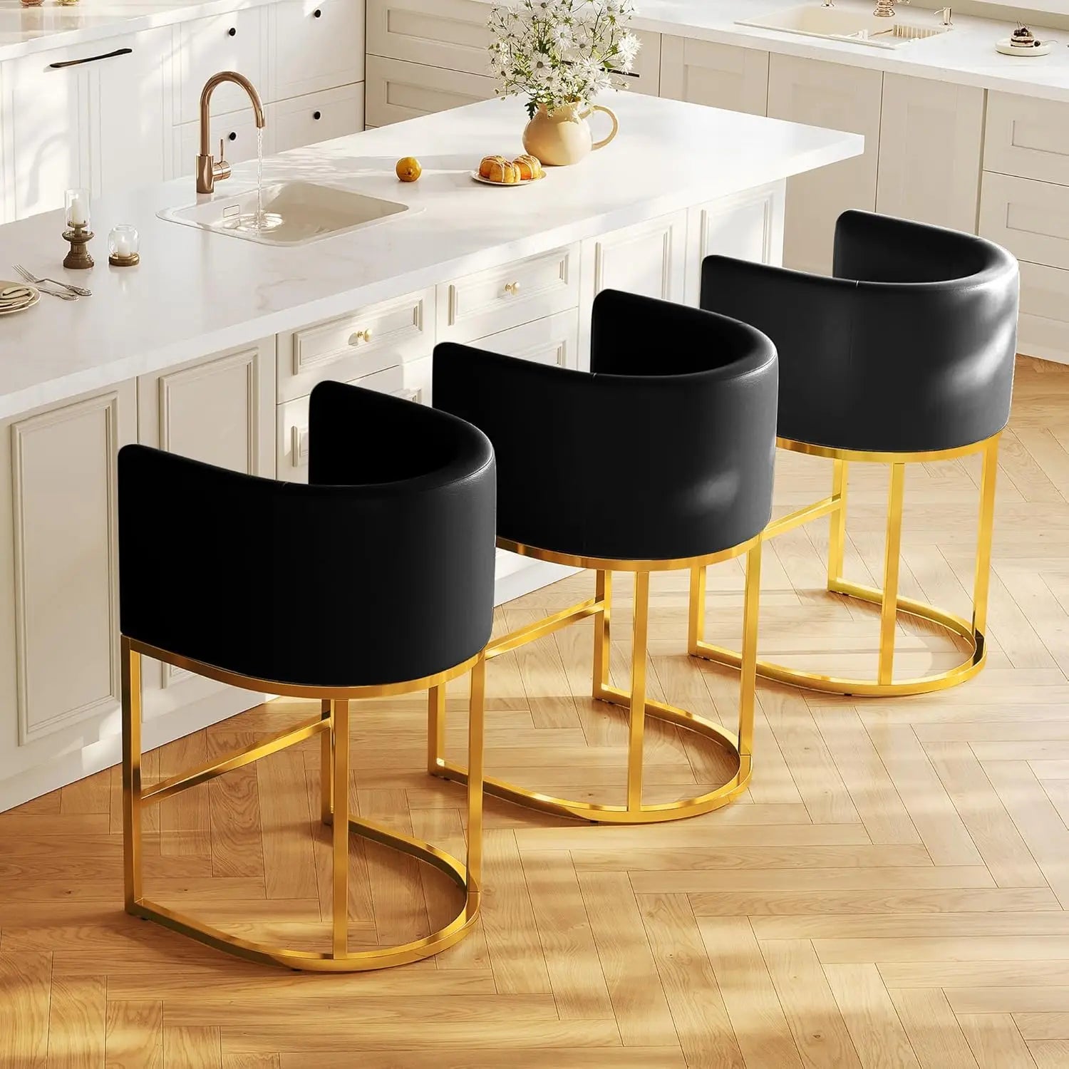 Modern PU Leather Bar Stools – Set of 3 Barrel Chairs with Gold Frames (Black)