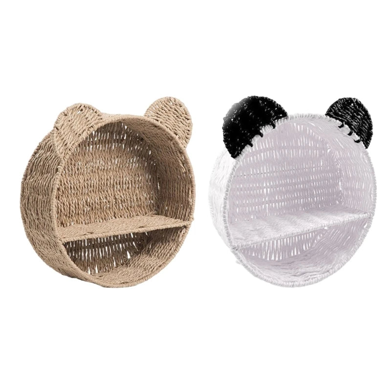 Bear Ear Wall Mounting Shelf Rattan Wall Shelves Small Plant Display Storage Rack Woven Hanging Storage Basket