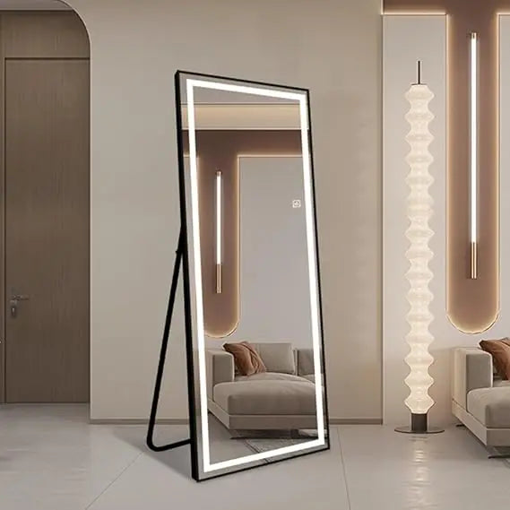 Full Length Mirror with Lights, 65x22 LED Lighted Floor Mirrors Black Aluminum Frame, Full Body Dressing Hanging Dimmable
