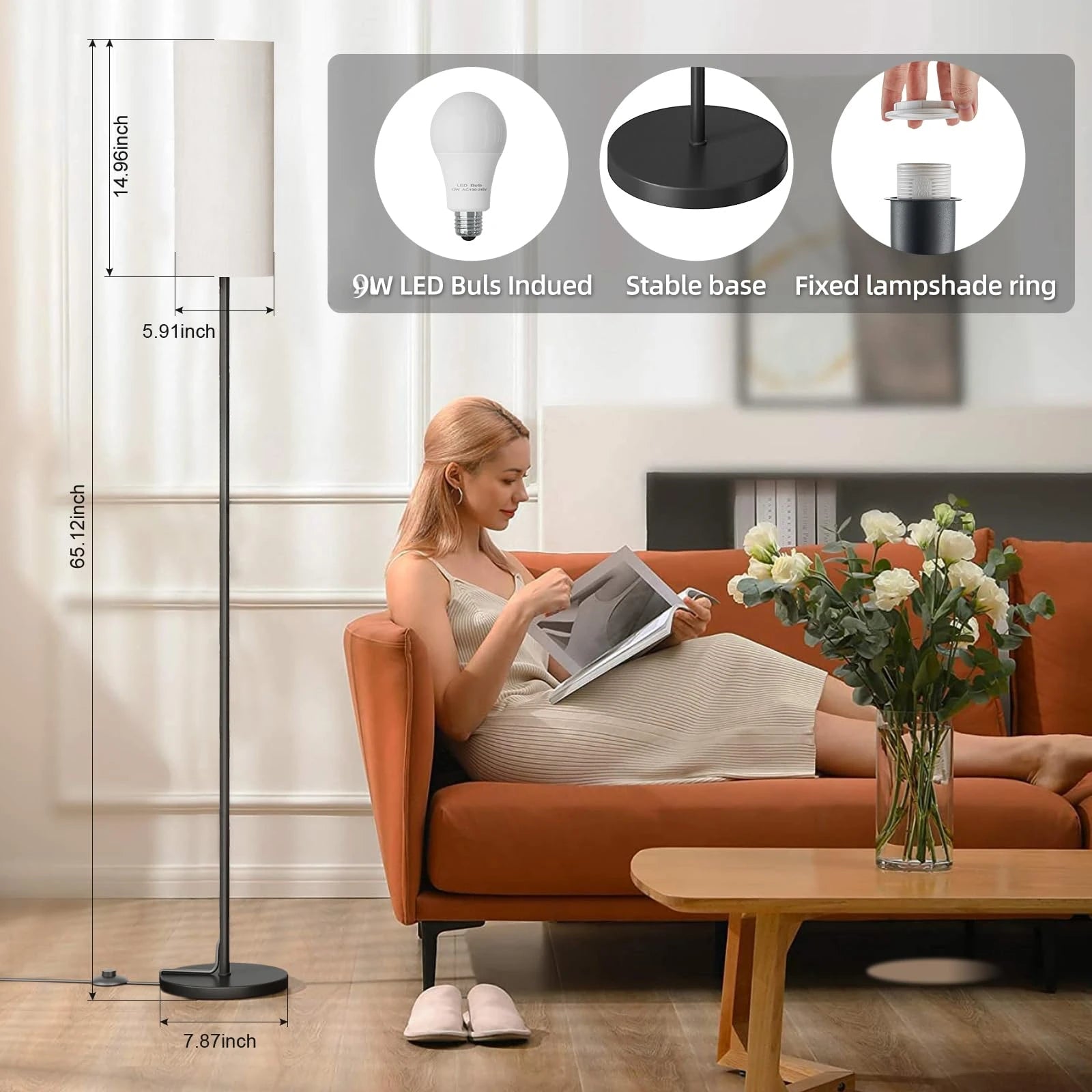 Modern Floor Lamp Tall Lamp for Bedroom Dimmable  with 9W LED Bulb, Pole Light with Lamp Shade Foot Switch for Office Dining