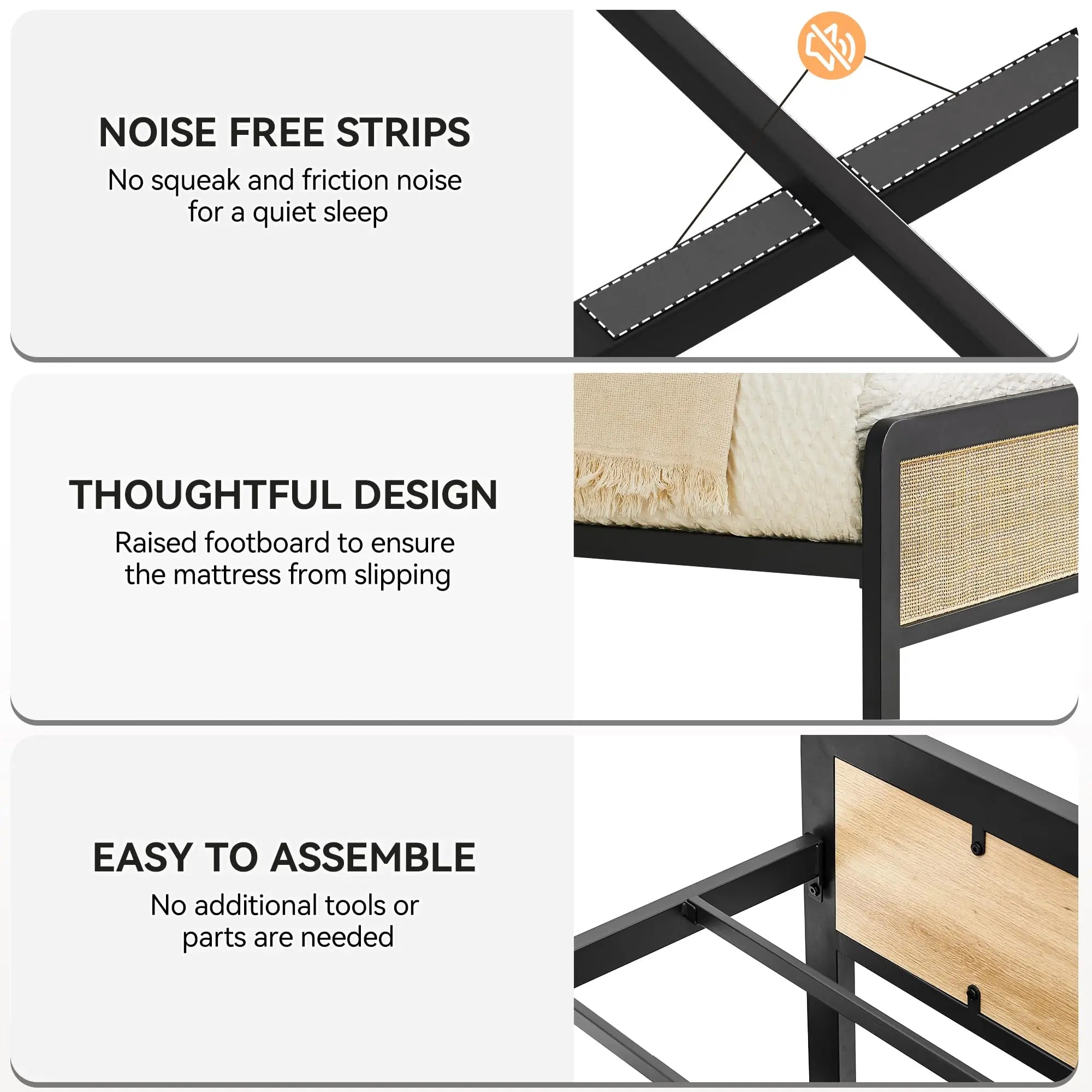 Metal Platform Bed Frame with Rattan Headboard & Footboard – Rounded Corners