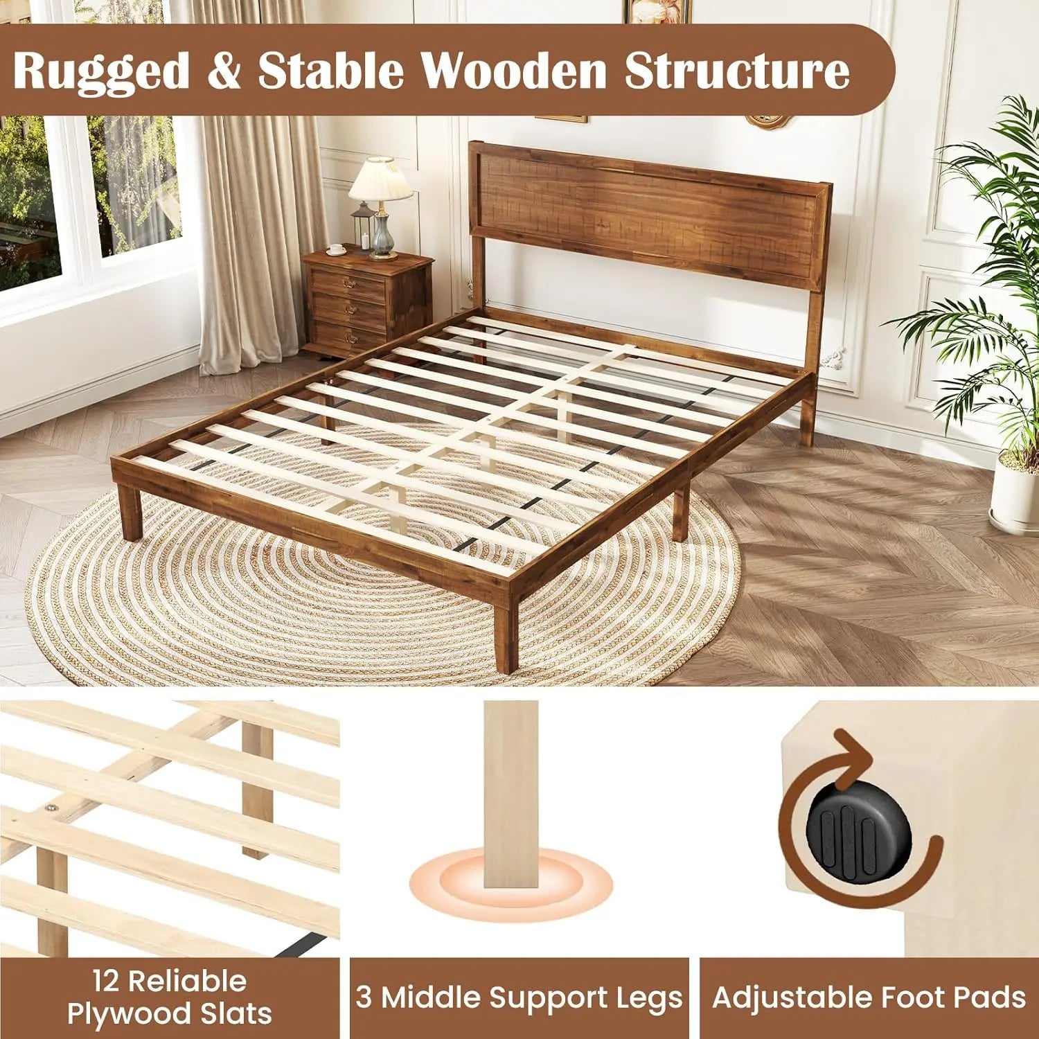 Wood Queen Size Platform Bed Frame – Mid-Century Modern with Headboard & Solid Wood Legs