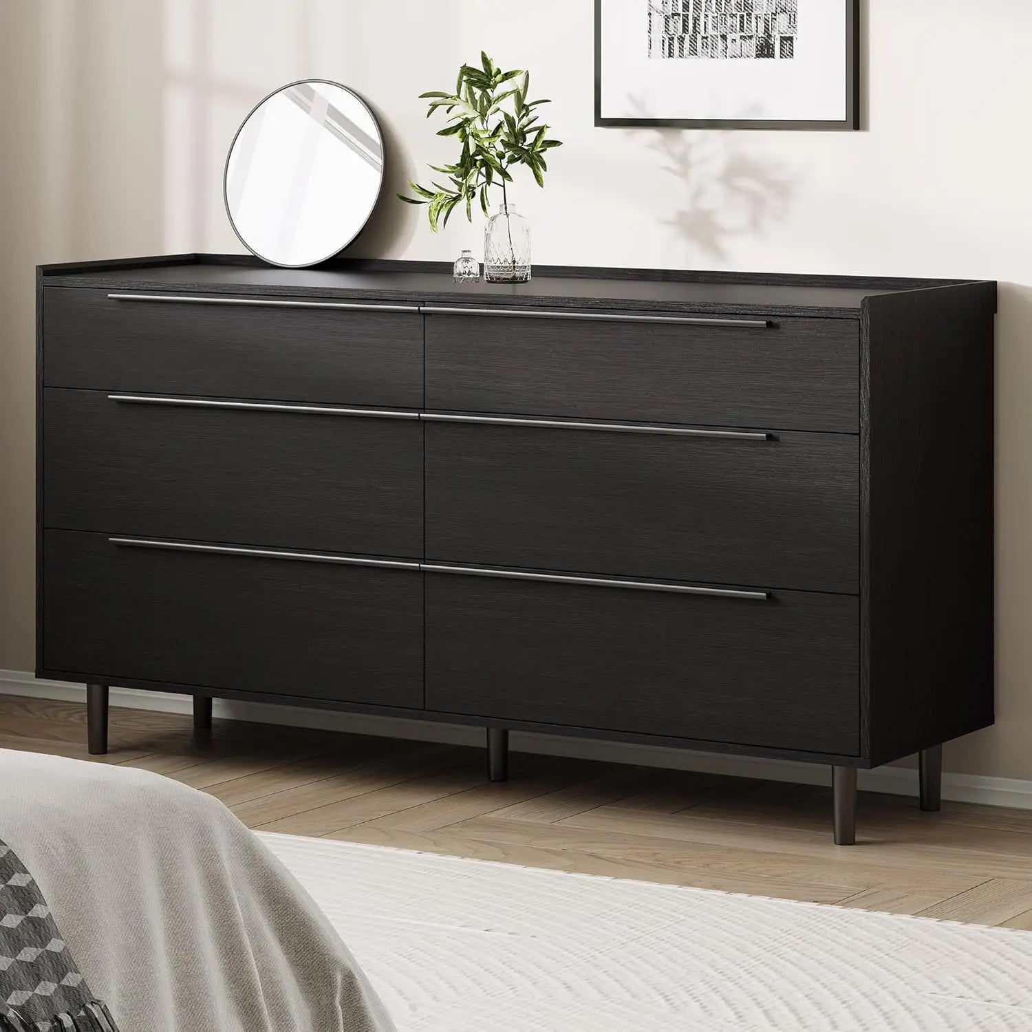Modern Minimalist 60" Black Dresser for Bedroom, Large 6 Drawer Storage Cabinet with Sleek Metal Handles, Clothes Organizer