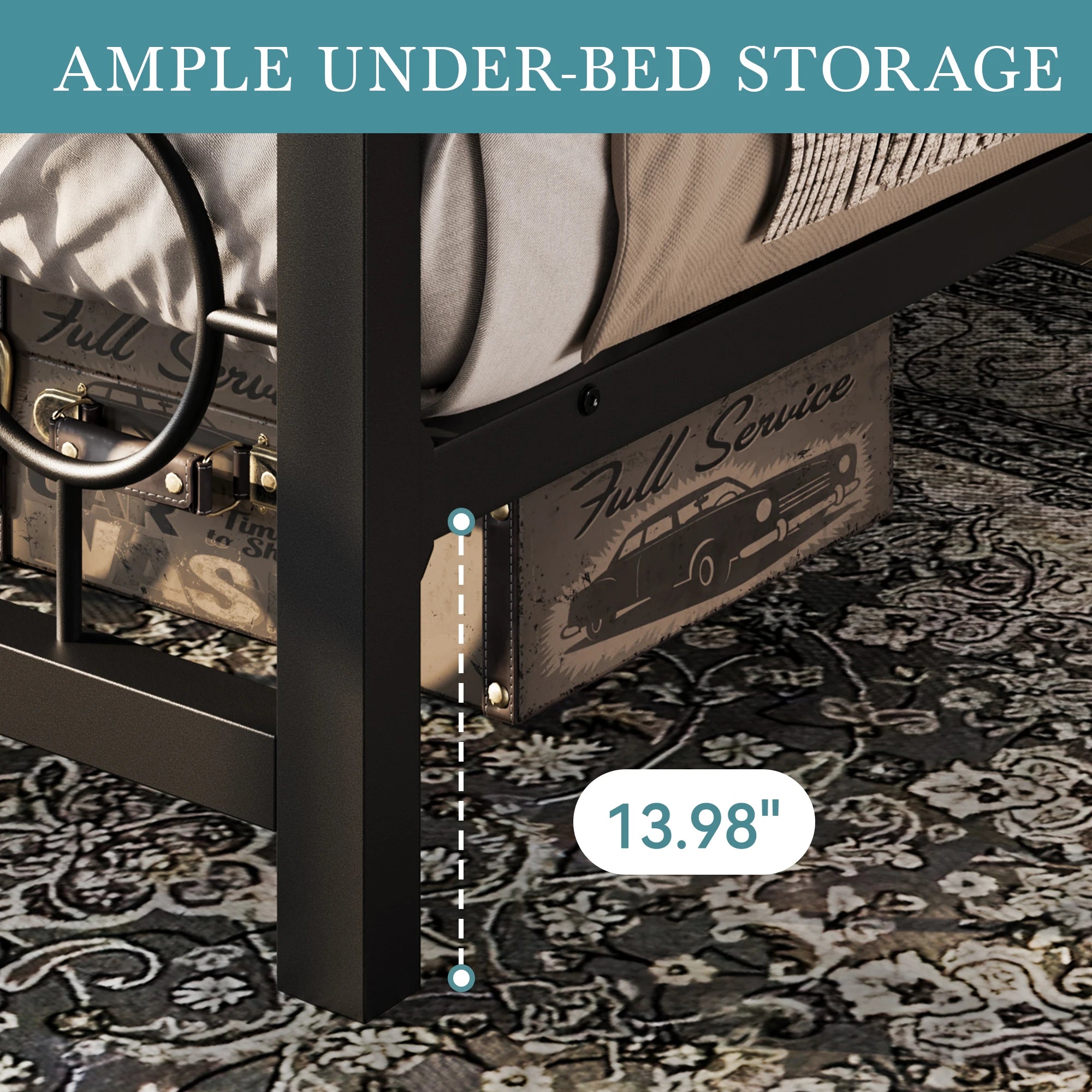 Metal Platform Bed Frame with Vintage Circular Headboard & Footboard, Extra Under-Bed Storage, No Box Spring Needed