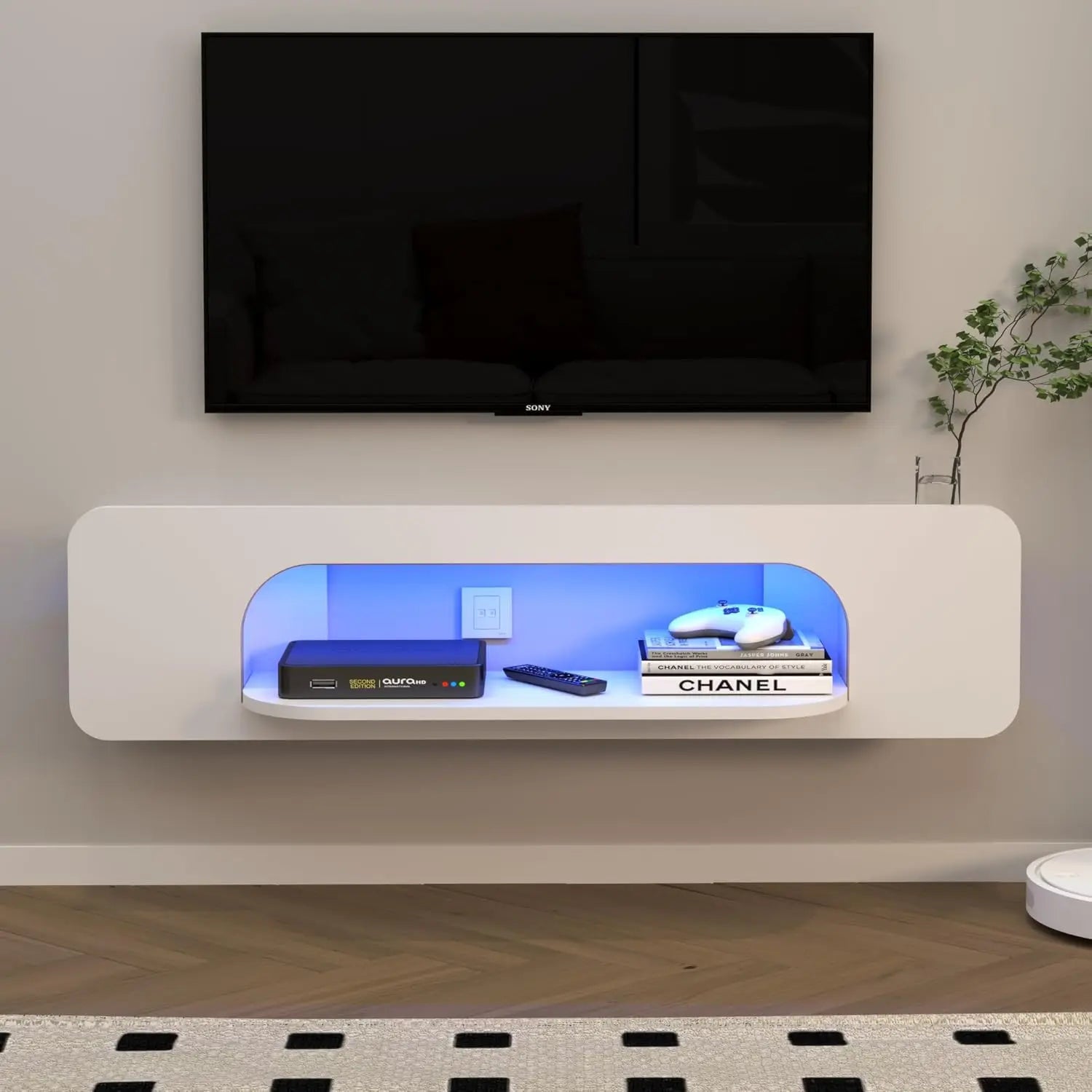 Floating Tv Stand With Led Lights, 58'' Wall Mounted Tv Shelves With 1 Open Shelf, Modern Entertainment Media Console Center