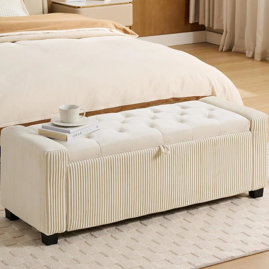 Upholstered Fabric Storage Ottoman Bench – Rectangular End-of-Bed Seat