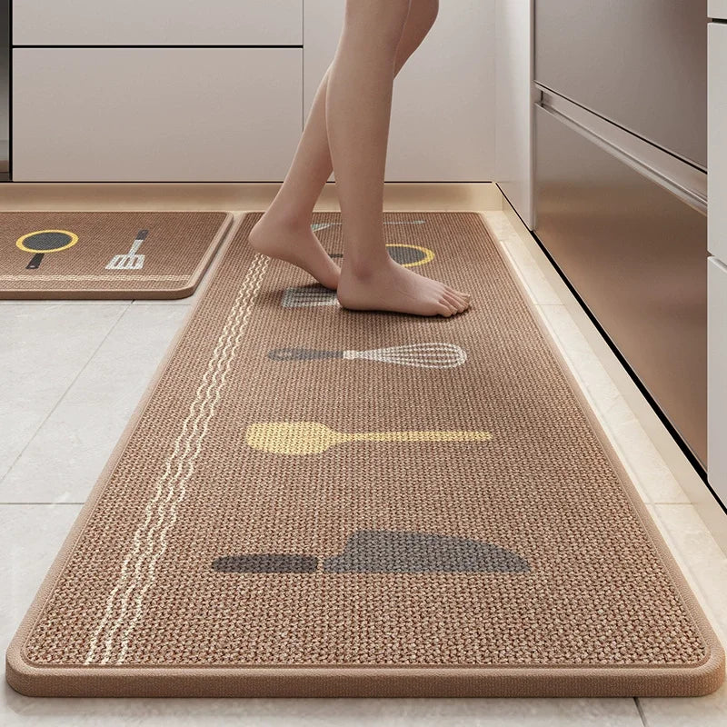 Cartoon Printed Linen Kitchen Floor Mat, Water and Oil-absorbing Kitchen Rug, Non-Slip Rubber Backing, Doormat Bath Mats