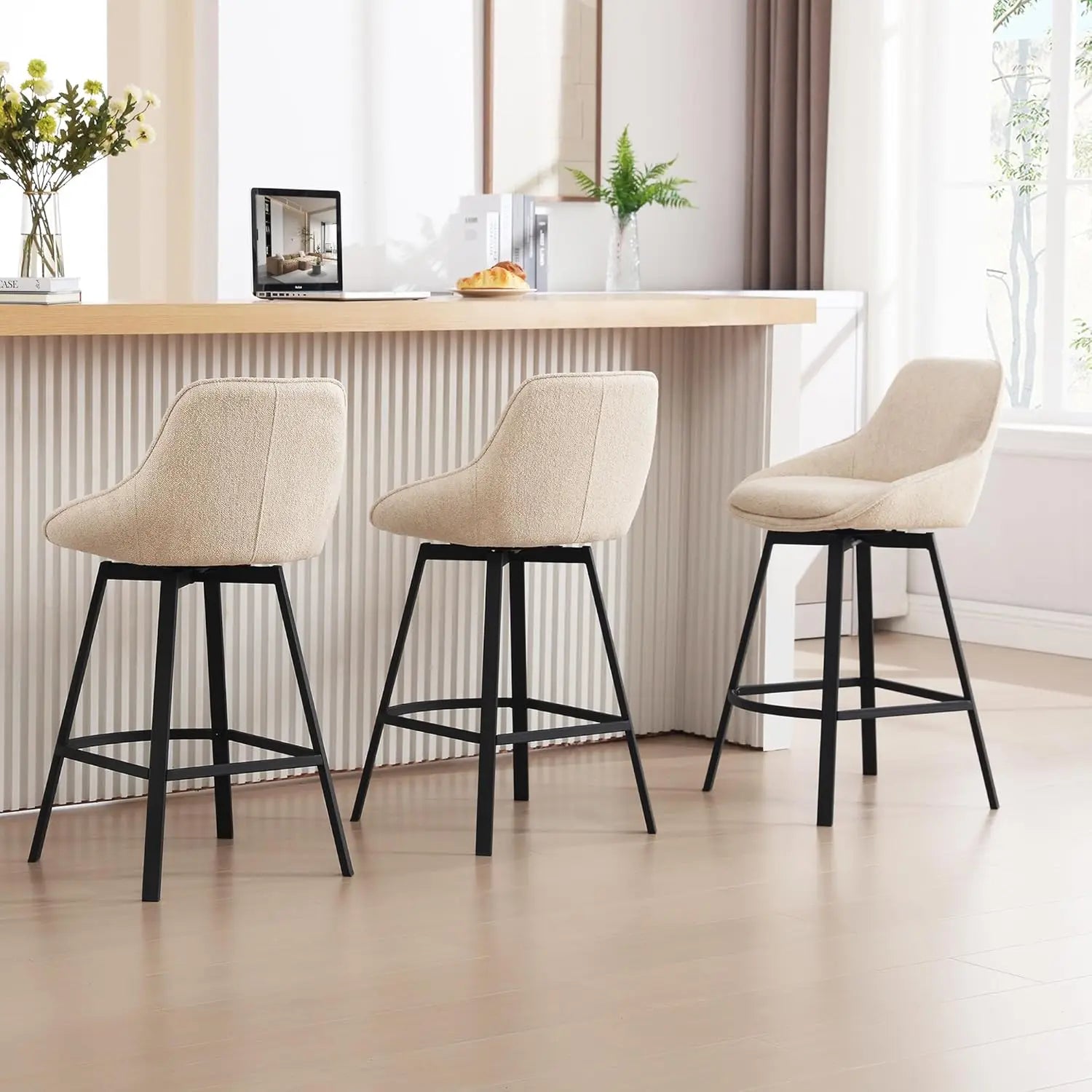 Swivel Counter-Height Bar Stools with Back – Upholstered Linen (Beige)