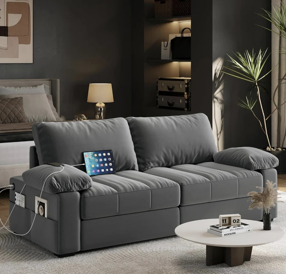 79" Sofa Couch Modern Velvet Couch with Removable Covers & USB Ports Oversized Loveseat Sofas with Storage Pockets for Living Ro