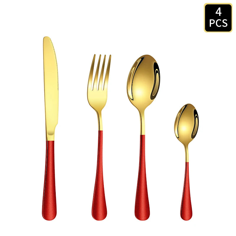4/6/16/24pcs Gold red stainless steel cutlery 1010 round handle knife, fork and spoon household cutlery set