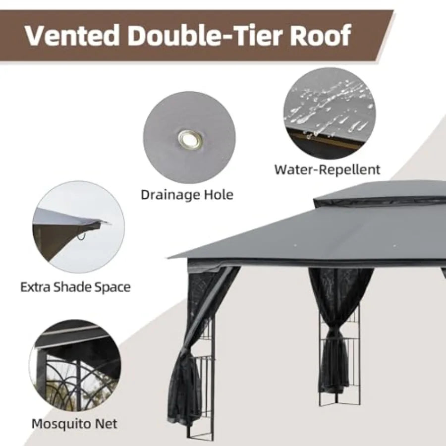 Outdoor Patio Gazebo 10'x13' Heavy Duty Canopy Tent with Metal Corner Frame Shelves Soft Double Roofs Party Tent Shelter with M