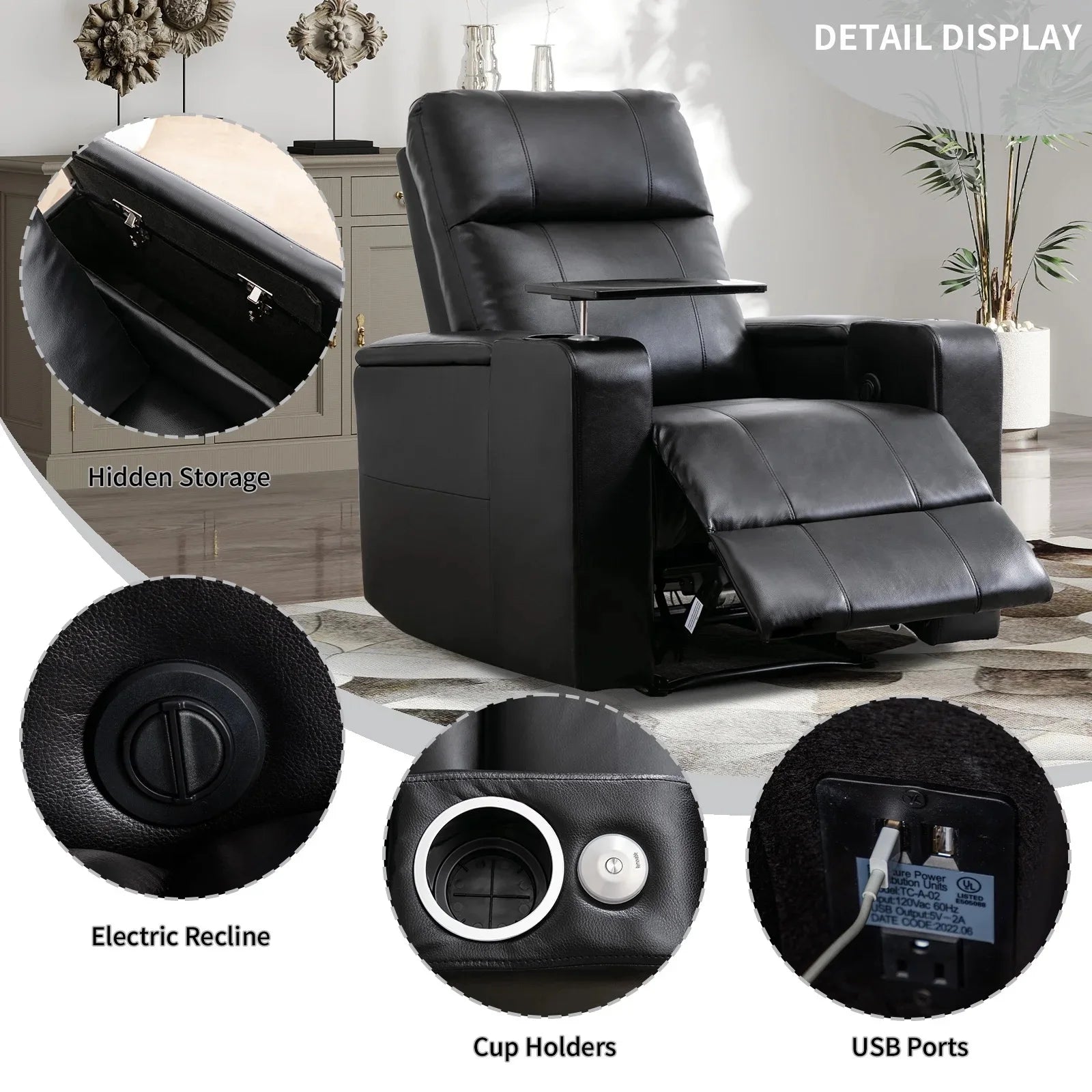 EBELLO Electric Recliner for Living Room Home Theater Seating Leather Reclining Chair Sofa Furniture with Cup Holders USB Ports