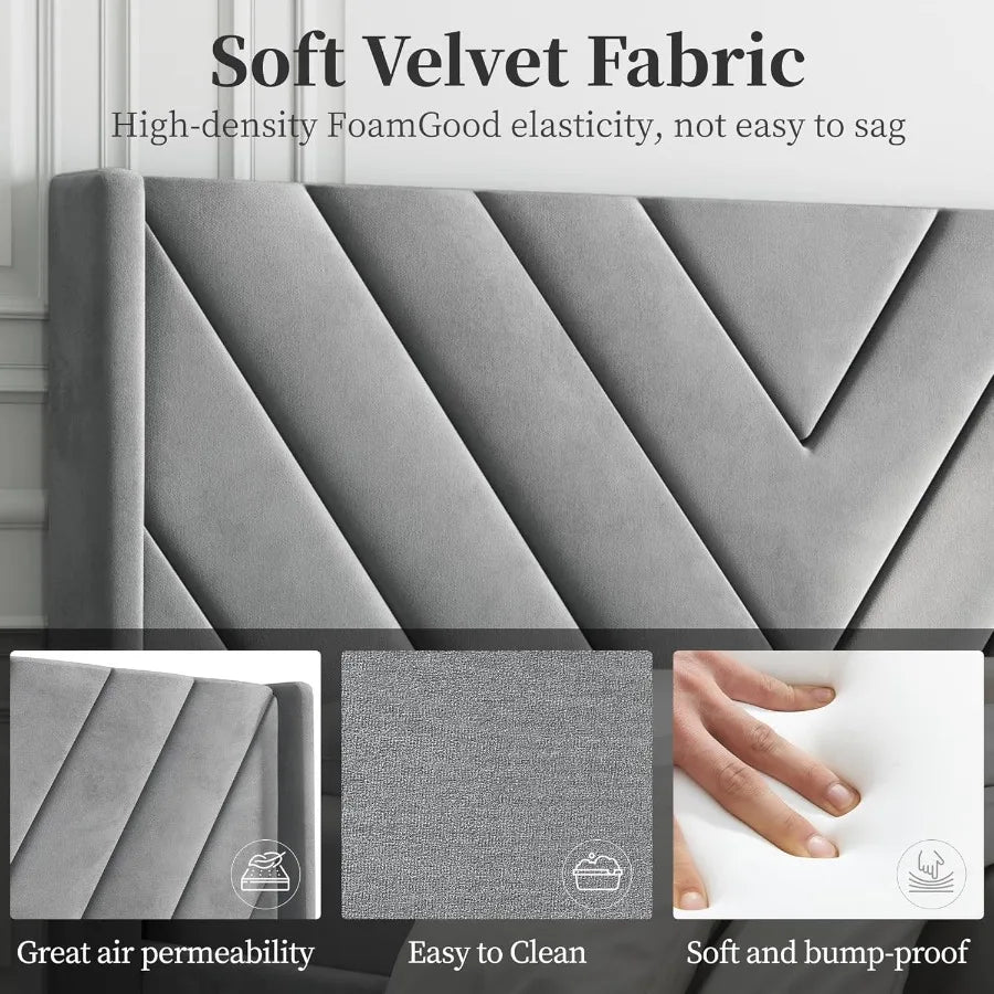 Light Gray Queen Upholstered Platform Bed Frame – Wing Side Tufted Headboard