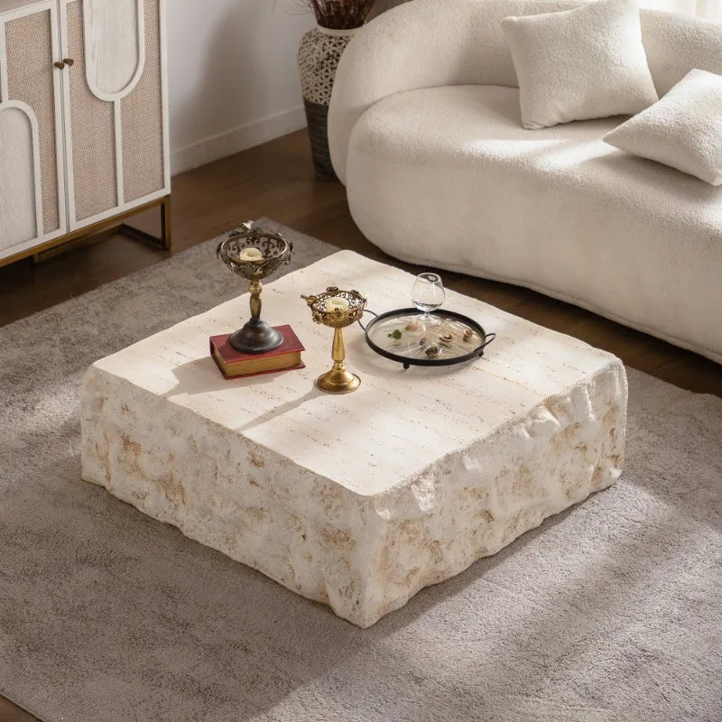 Natural Stone Square Coffee Table – Rustic Solid Stone Tea Table in White for Modern Living Rooms
