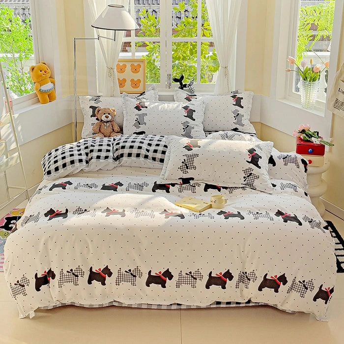 Bonenjoy Queen Size Bedding Set White Color Black Plaid Microfiber Reactive Printed King Size Bed Linen Sets For Bedroom Kit