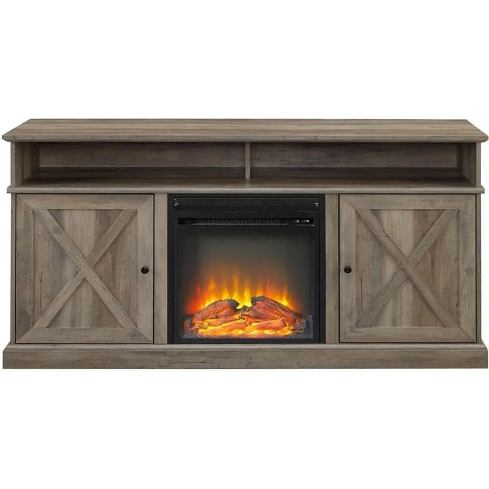 Tall Barn Door Fireplace Stand for TVs up to 65 Inches, Grey Wash