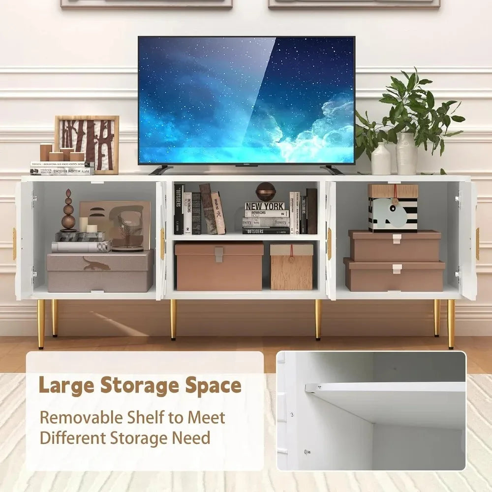 63'' White TV Stand for 65/70/75 inch TV, Entertainment Center with Storage Cabinets and Embossed Pattern Doors, Mid Century Mod