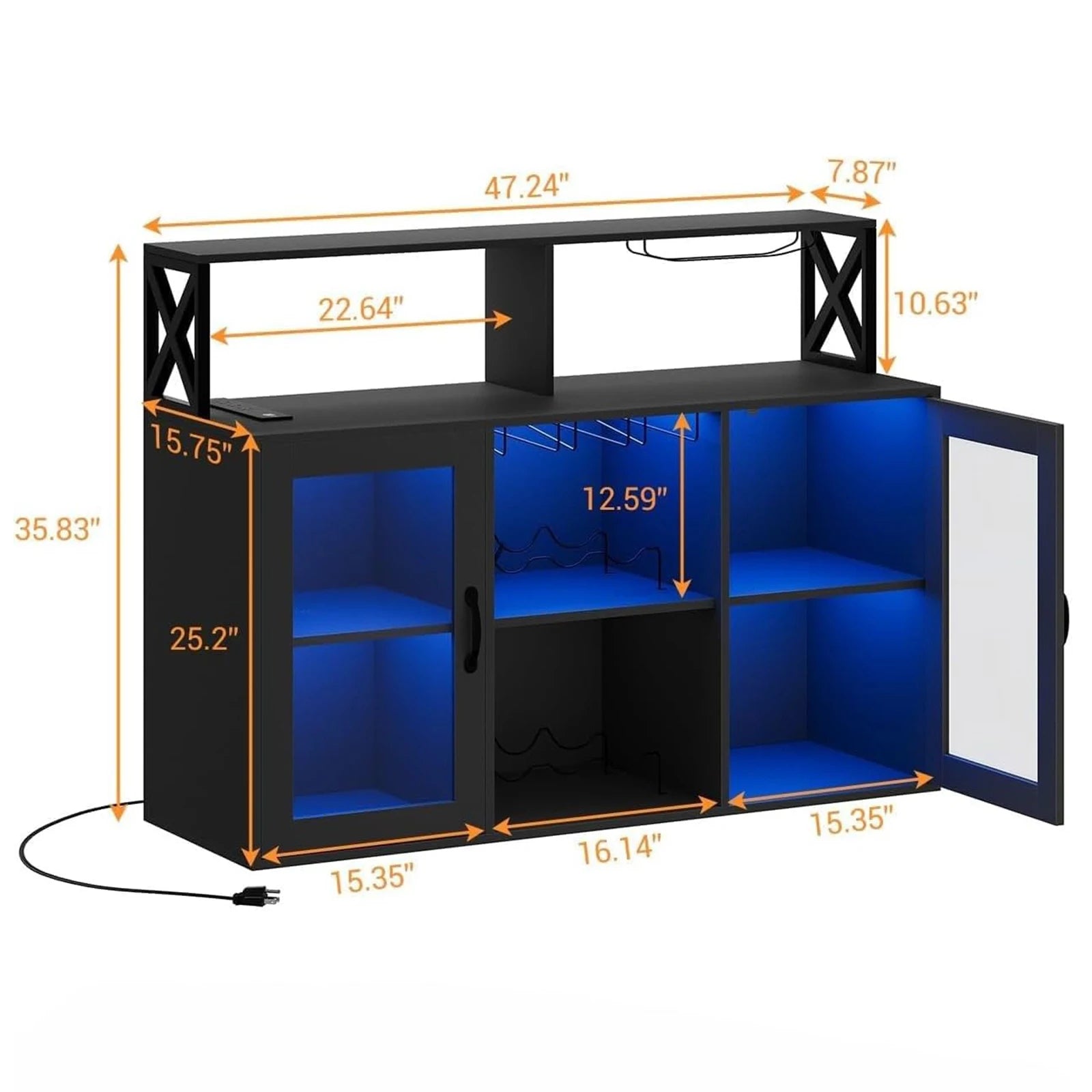 Wine Bar Cabinet with LED Light – Tempered Glass Doors & Power Outlet