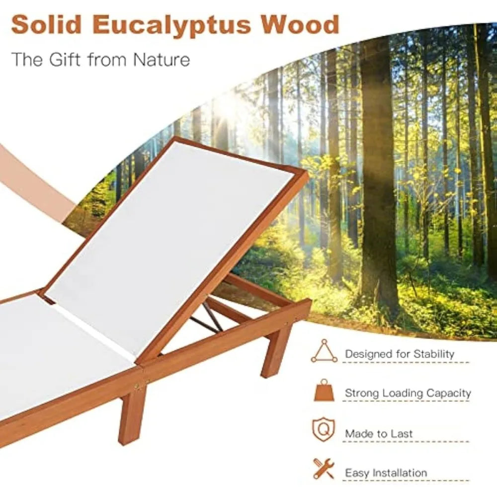Patio Wood Chaise Lounge Chair, Strong Eucalyptus Wood Frame, 5-Position Adjustable Outdoor Recliner with White Mesh (2)