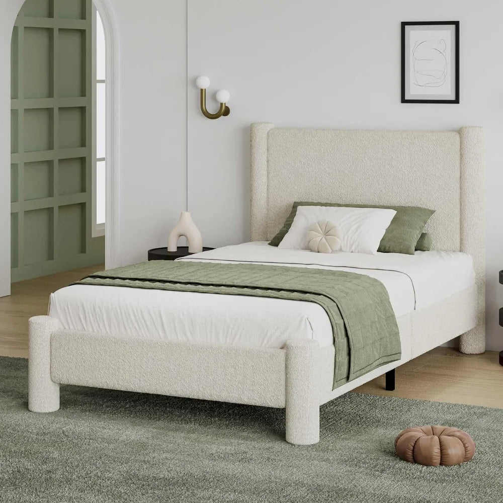 Twin Size Bouclé Upholstered Platform Bed Frame with Headboard & Footboard – Soft Rounded Corners